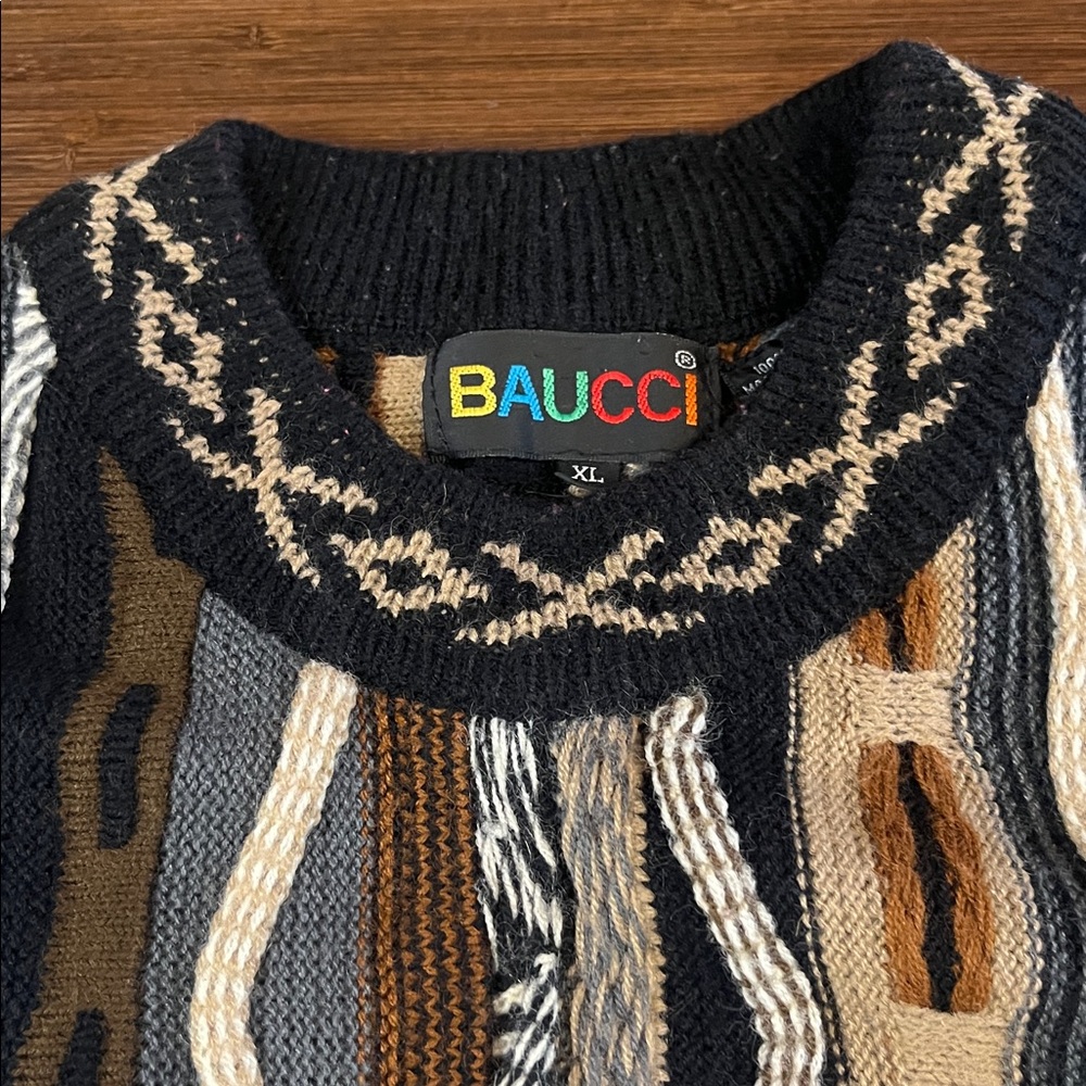 VINTAGE Baucci Sweater Brown Tan Cream Mens XL Textured 90s Y2K Biggie Cosby - Picture 3 of 8